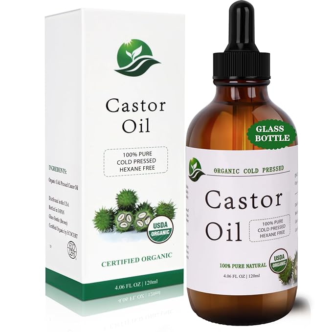MAYLINK Castor Oil Organic Cold Pressed Unrefined Glass Bottle-Organic Certified 100% Pure Hexane Free,Organic Castor Oil for Face,Hair Growth,Eyelashes,Caster 4.23fl.oz/120ml