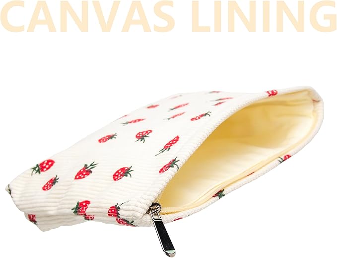 Flat Makeup Bag for Women,Zipper Cosmetic Pouch for Purse,Strawberry Beige