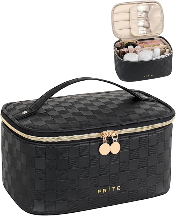 Prite Makeup Bag Travel Cosmetic Case, Women Toiletry bag, Checkered Black