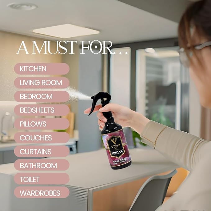 Vilara US Perfume Room Spray Freshener - Long-Lasting Luxury Scents - Room and Linen Spray for Bedding, Sheets, Fabric, Furniture for Aromatherapy - 10.14 fl oz (Multipack 3:Sprng,Rose,Mango)