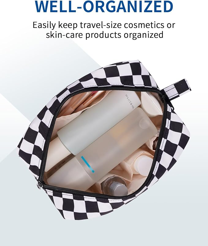 Narwey Checkered Makeup Bag, Travel Cosmetic Bag Organizer, Toiletry Bag Make Up Bags with Organized Pockets for Women (Black Checkerboard, Large)