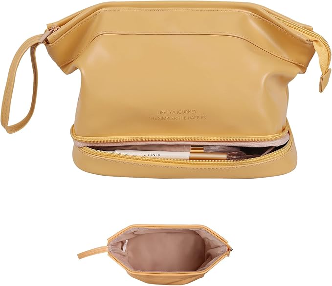 Abiudeng Large Makeup Bag for Women,Travel Makeup Organizer with Brush Holder, Dopp Kit Essentials,Waterproof PU Cosmetic Bag for Traveling,Multi Compartment, Cute,Spacious Capacity-yellow