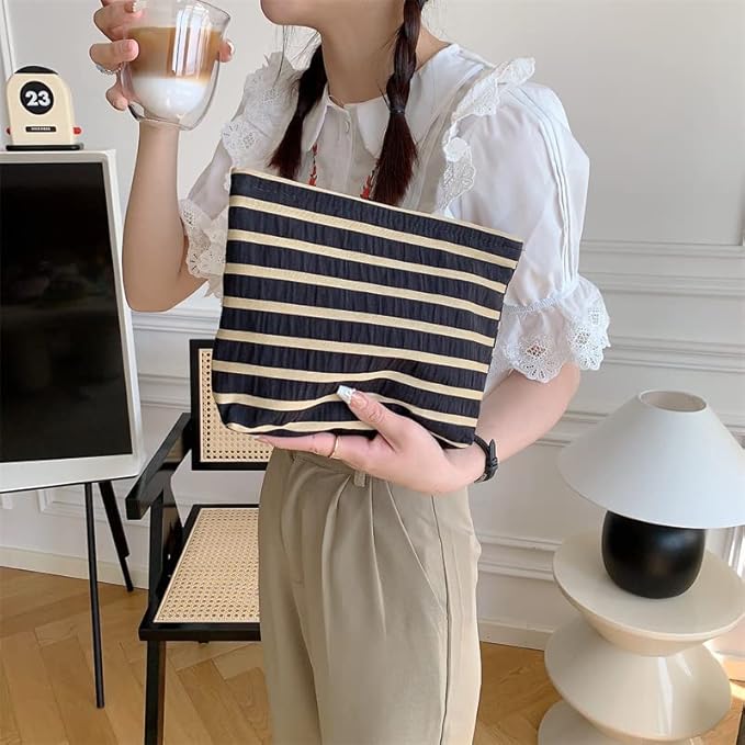 Flat Makeup Bag for Women,Zipper Cosmetic Pouch for Purse,Stripe Black