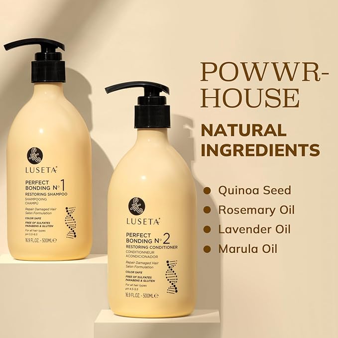 LUSETA Bond Repair & Revitalizing Shampoo and Conditioner Set for Chemically Damaged Hair. Deep Moisture to Smooth Frizz & Add Shine. Strengthens Hair Structure with Rosemary & Marula Oils, 2x16.9 oz