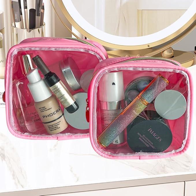 TotePrint 2PCS Pink clear Cosmetic Pouch Travel Cosmetic Case 5x5x2 inch Small Transparent Toiletry Pouch with Zipper Portabble Makeup Organizer for Women and Essentials
