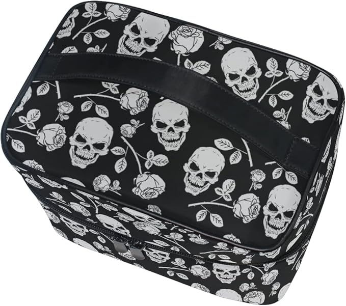 MNSRUU Skull Makeup Bag, Skull Rose Gothic Makeup Organizer Bags Toiletry Bag Box Travel Cosmetic Bag Make Up Train Case for Women Teen Girl Ladies