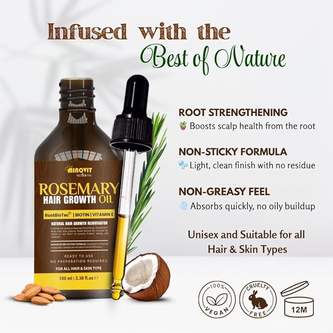 Gutaderme Rosemary Oil For Hair Growth (3.4 Fl Oz) Infused With Biotin, Vitamin E, Almond Oil & Coconut - Hair Strengthening, Nourishing & Volumizing