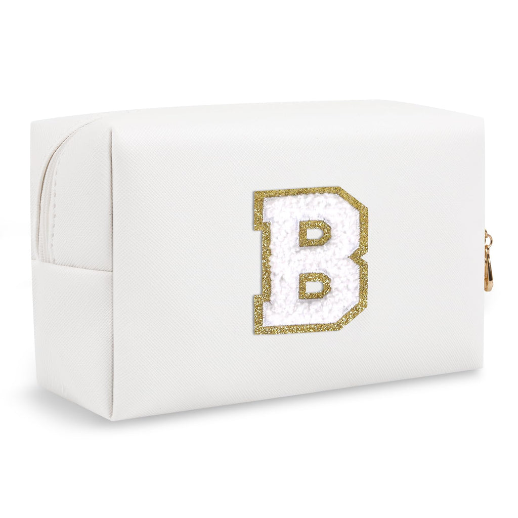 Small Initial Preppy Makeup Bag Organizer, White Cute Chenille Letter Cosmetic Zipper Pouch Toiletry Bags for Traveling, Waterproof PU Makeup Pouch Personalized Gifts for Bride Bridesmaid(Letter B)