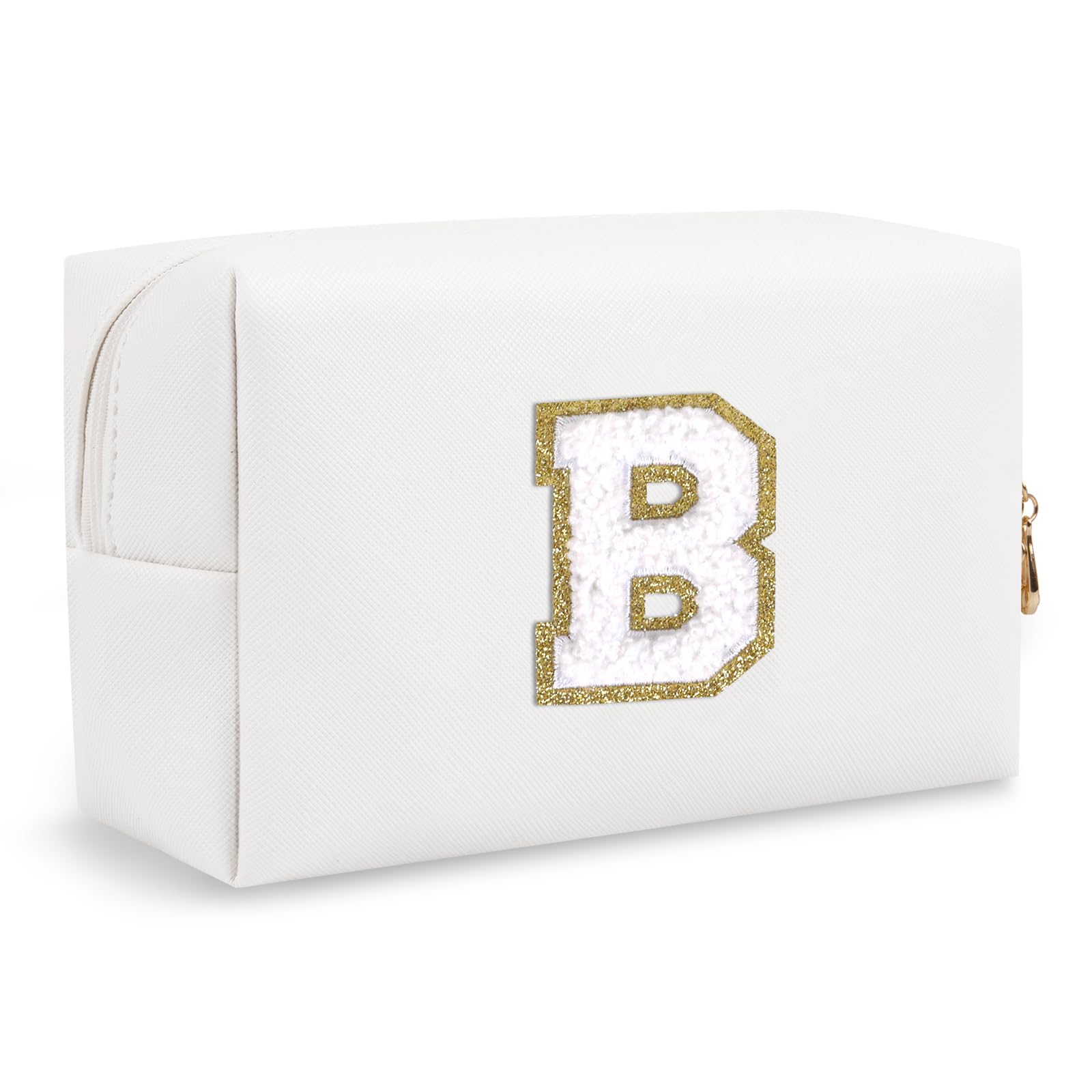 Small Initial Preppy Makeup Bag Organizer, White Cute Chenille Letter Cosmetic Zipper Pouch Toiletry Bags for Traveling, Waterproof PU Makeup Pouch Personalized Gifts for Bride Bridesmaid(Letter B)