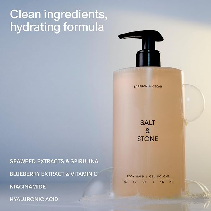 Salt & Stone Body Wash with Antioxidants for Deep Moisture | For Women & Men, Sulfate, Paraben, & Dye Free, Leaving Skin Soft and Hydrated | Saffron & Cedar 15.2 fl oz