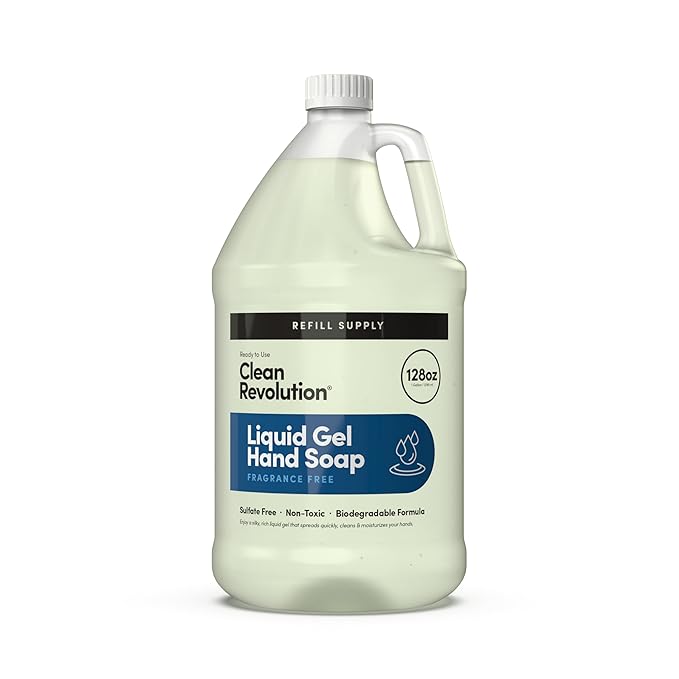 Clean Revolution Fragrance Free Liquid Gel Hand Soap Refill – Sulfate-Free Unscented Gel Hand Wash for Sensitive Skin, Moisturizing Bulk Refill, Non Toxic Formula, Made in the USA, 128 Fl Oz