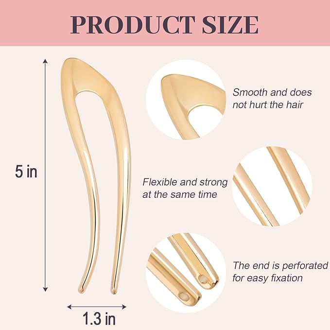 JIRIS 2PCS 5Inch French Hair Pins Large U-Shaped Pins for Women and Girls Fashion Metal Hair Pin French Twist Hair Pins for Buns, Updos,Stylish and Functional(set6-gold)