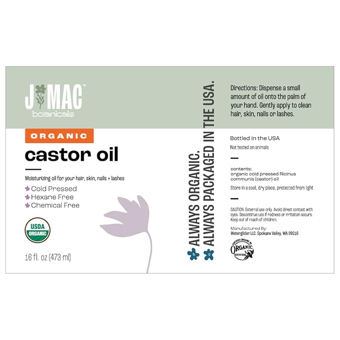 J MAC BOTANICALS Organic Castor Oil Cold Pressed in Amber Glass Bottle (16 oz) USDA Certified, Hexane Free - Moisturizing Oil for Hair, Skin, Face, Eyelashes, Brows, Nails, and Castor Wraps
