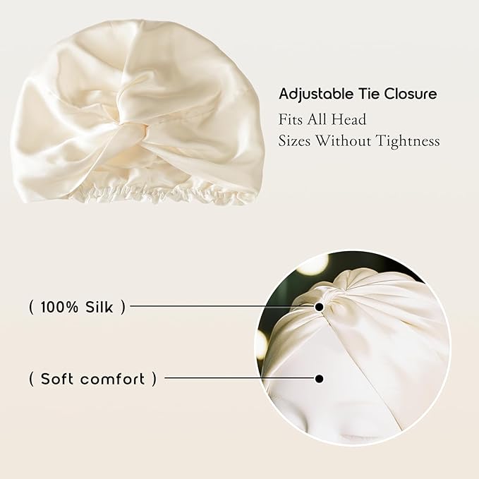 SYSERAN 100% Mulberry Silk Bonnet for Sleeping - Women Natural Curly Hair Night Cap Luxury Sleep Head Wrap with Elastic Band(Beige)