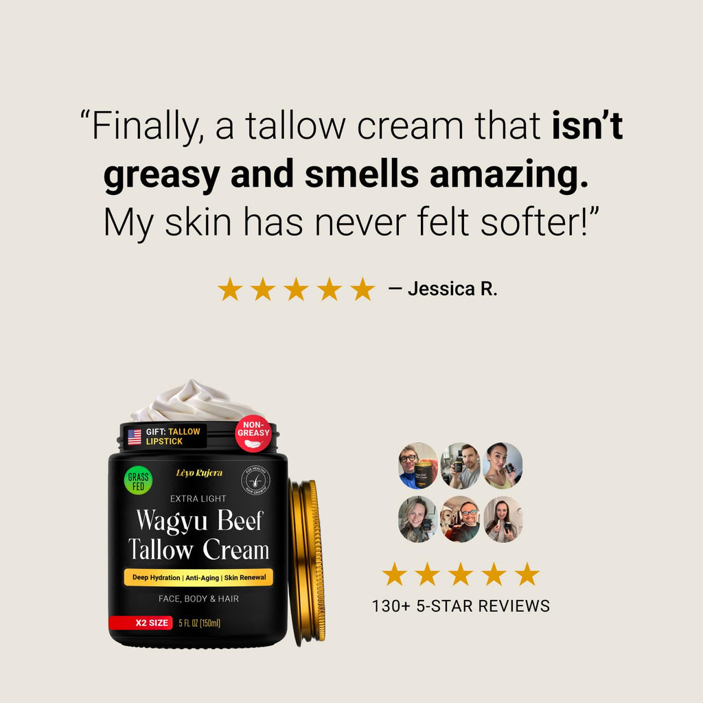 Non-Greasy Beef Tallow for Face Moisturizer Cream & Beef Tallow Lip Balm 5OZ Shea Butter, Vitamin E, Whipped Grass Fed Beef Tallow for Skin, Lotion for Women & Men, Anti-Aging Face Moisturizer