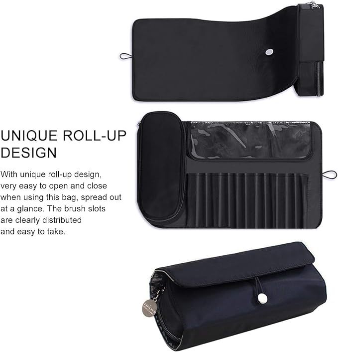 Warmstore Makeup Brush Bag, Travel Makeup Brush Case Makeup Brush Holder Organizer Cosmetic Bag Portable Roll Up Brush Storage Bag for Makeup Brushes and Cosmetic Essentials (Black)