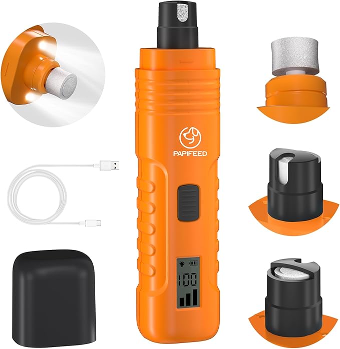 PAPIFFEED Dog Nail Grinder with LCD Display – Quiet Electric Nail Trimmer with Dual LED Light, Safe for Black & Thick Nails, Rechargeable for Small Medium Large Dogs & Cats (Orange)