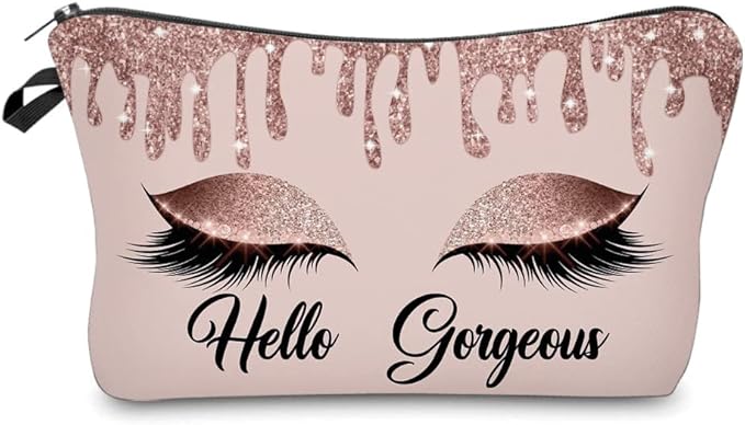 Baobeily Hello Gorgeous Makeup Bag for Purse Eyelash Pink Cosmetic Bags for Women Inspirational Gift Small Funny Cosmetics Glitters Eyeshadows Travel Bag Cases for Toiletries Accessories Organizer