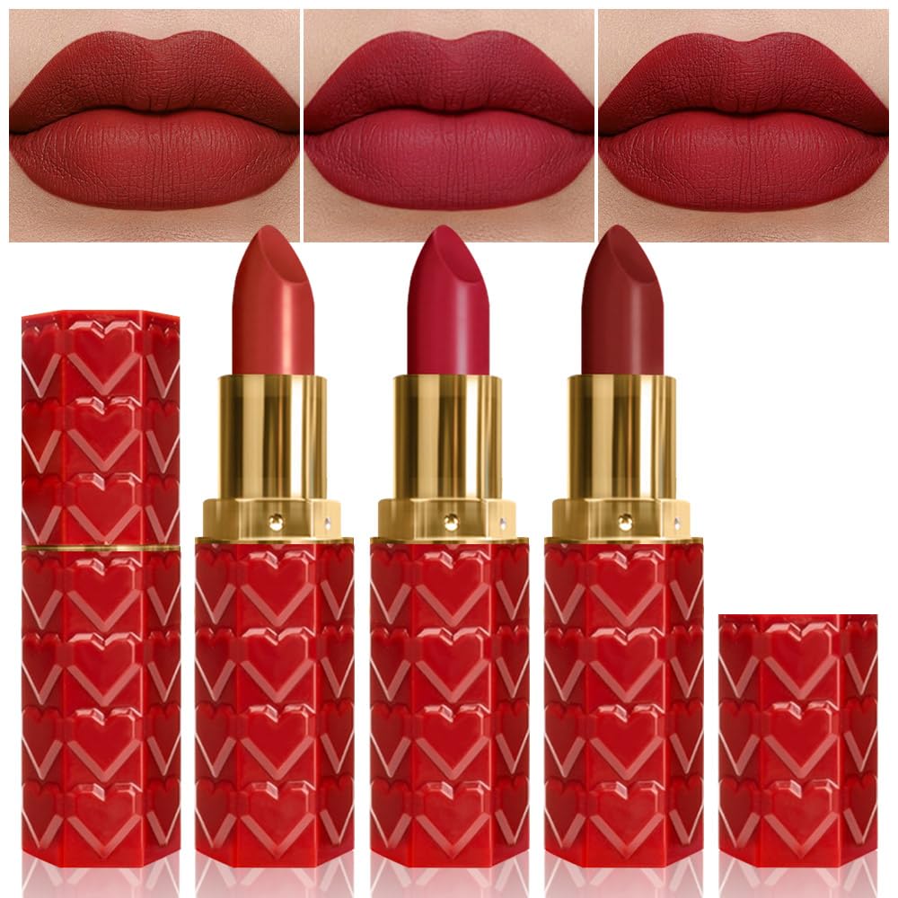 3 Pcs Matte Velvet Lipstick for Women Set,Nude Long Lasting Matte Lip Stick 24H Waterproof for Girls Natural Lip Makeup,Non-Stick Lipstick Makeup for Women,labiales magicos 24 horas originales