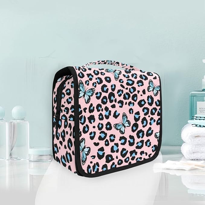 senya Hanging Travel Toiletry Bag Blue Butterfly Leopard Print Kit Makeup Case Cosmetics Organizer for Men Women 1.0 Fl Oz