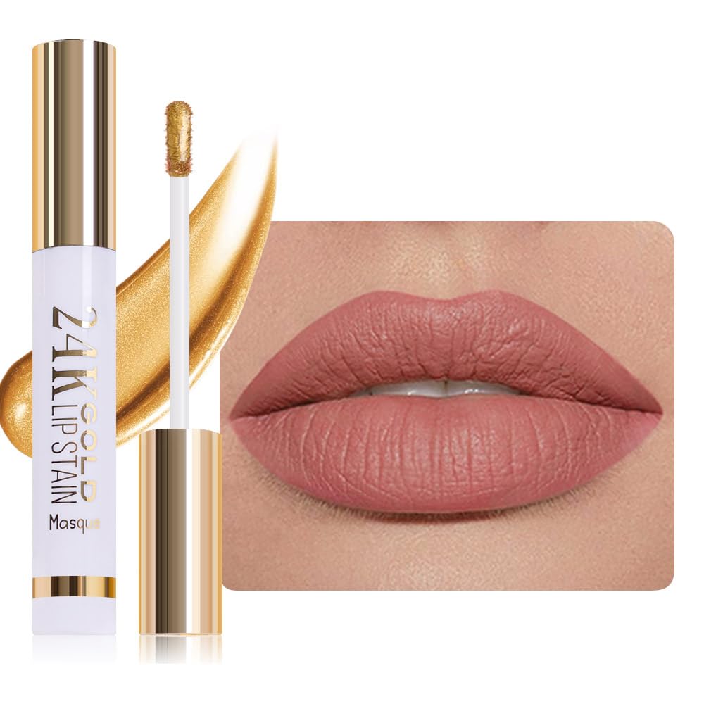 JUAAZIN All Day Lip Stain Peel Off Gold Liquid Lip Gloss Tattoo, Ruby Red Matte Finish Peel Off Lip Stain Masque, Long Lasting Waterproof Lip Tint, Transfer-proof for All Skin Types 03#