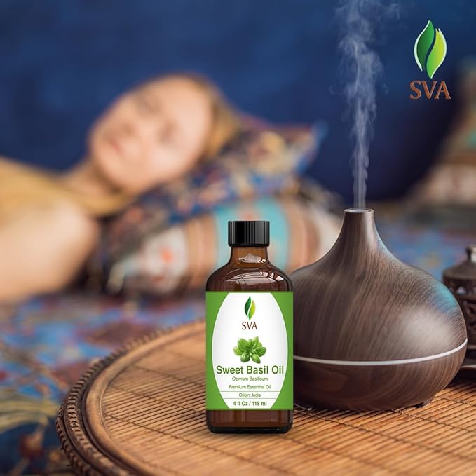 SVA Sweet Basil Essential Oil, Glass Bottle with Dropper, 4 Fl Oz (118 ml)