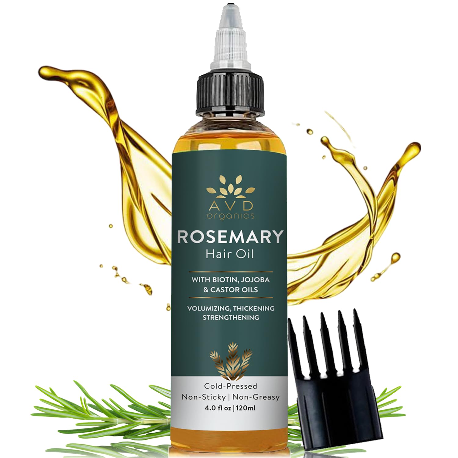 AVD ORGANICS Rosemary Oil for Hair Growth & scalp | Infused with Biotin | Hair Strengthening, Nourishing and Volumizing | infused with Jojoba & Castor Oil | NON - GMO 120ml