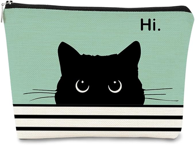 BARPERY Cute Makeup Bag - Cat Gifts for Lovers, Black Kitty Cosmetic Bag, Makeup Pouch (Teal)