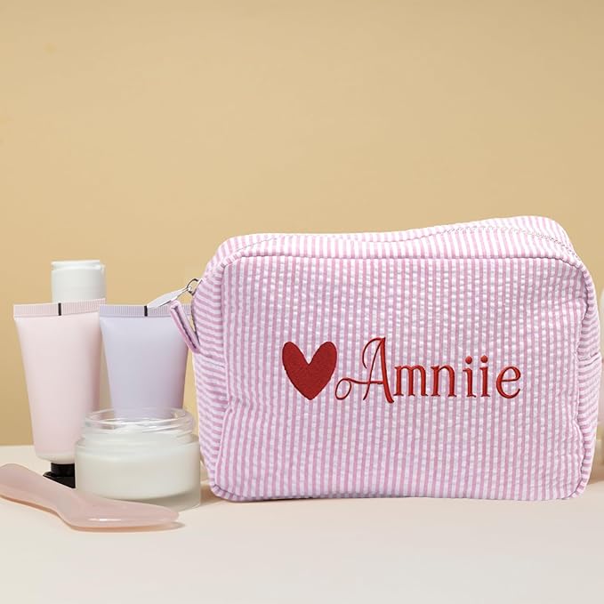jcyif Custom Makeup Bag Personalized Cosmetic Bag Cute Seersucker Travel Toiletry Bag for Women Embroidered Bag Organizer for Bride Makeup Bag Gift Darkblue