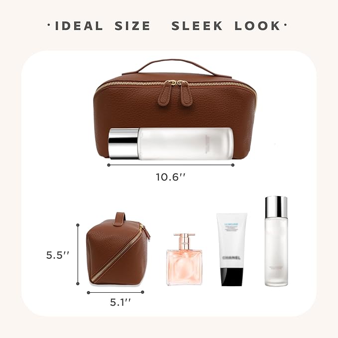 JINYIBAGS Travel Makeup Bag – Large Cosmetic Organizer with Waterproof PU Leather, Smooth Double Zipper & Tear-Resistant Lining, Toiletry Pouch for Women (Brown)