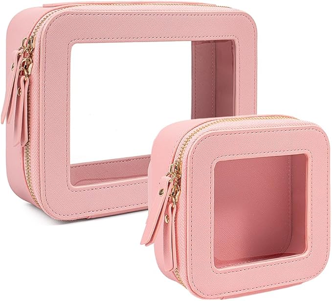 Clear Makeup Bag Set, Small Pink Makeup Bag TSA Approved Toiletry Bag Cosmetic Travel Bag Cute Makeup Organizer Mini Makeup Case Pouch Car Organizer Car Essentials for Women American Mahjong Bag