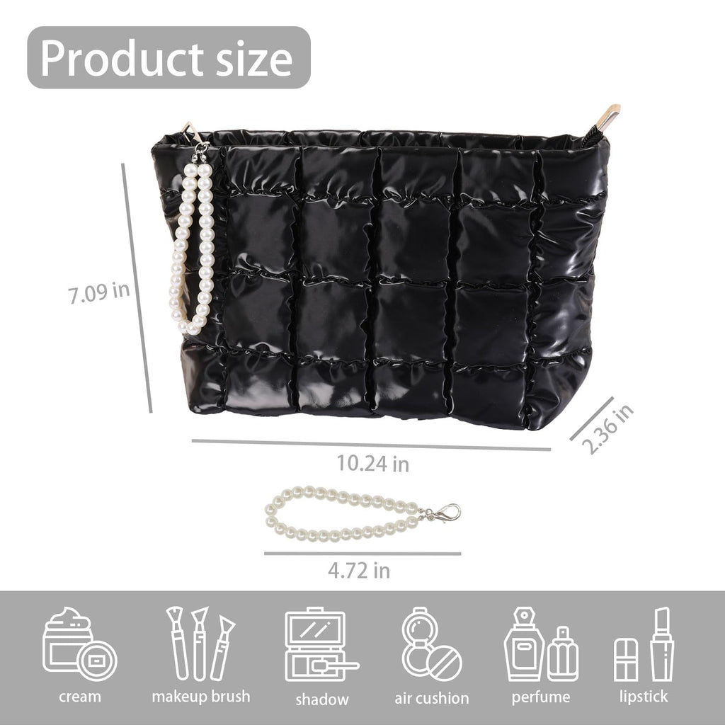 Beayuva Puffer Quilted Makeup Bag Travel Cosmetic Bag Portable Puffy Checkered Toiletry Pouch Skincare Organizer Purse Pencil Case (Black)