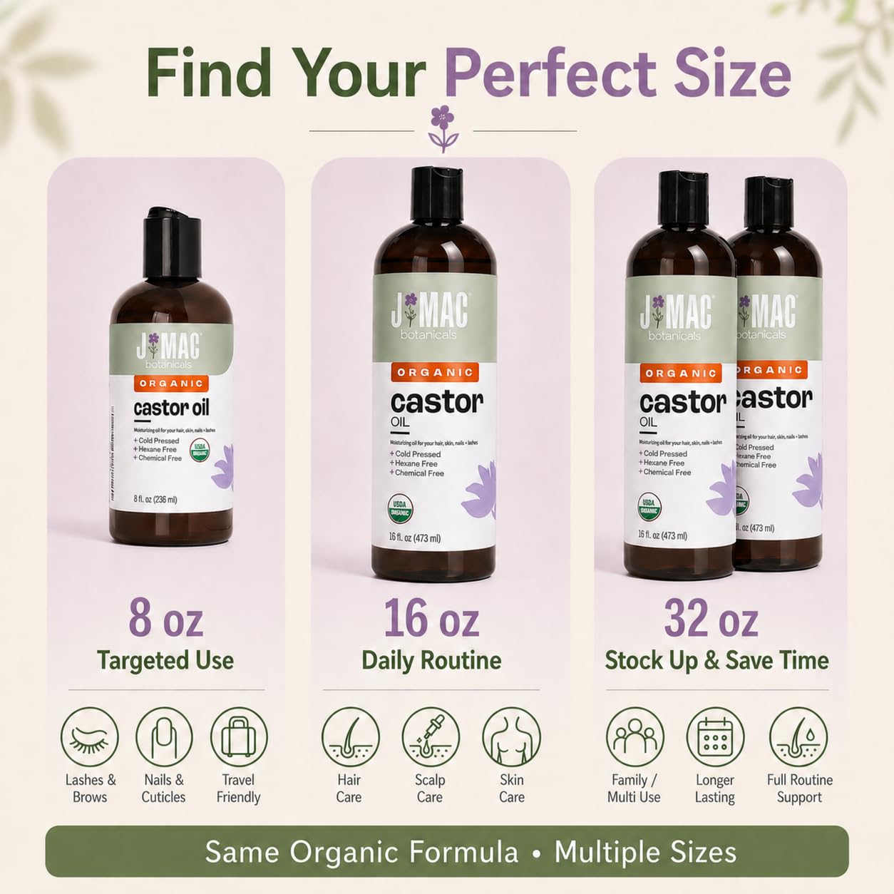 J MAC BOTANICALS Organic Castor Oil Cold Pressed in Amber BPA Free Plastic Bottle (32 oz) USDA Certified, Hexane Free - Moisturizing Oil for Hair, Skin, Face, Eyelashes, Brows, Nails, and Castor Wraps