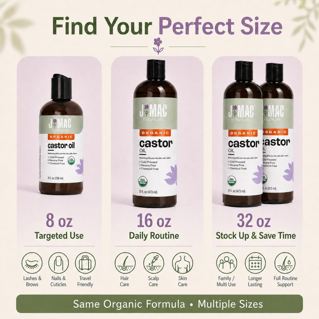 J MAC BOTANICALS Organic Castor Oil Cold Pressed in Amber BPA Free Plastic Bottle (32 oz) USDA Certified, Hexane Free - Moisturizing Oil for Hair, Skin, Face, Eyelashes, Brows, Nails, and Castor Wraps