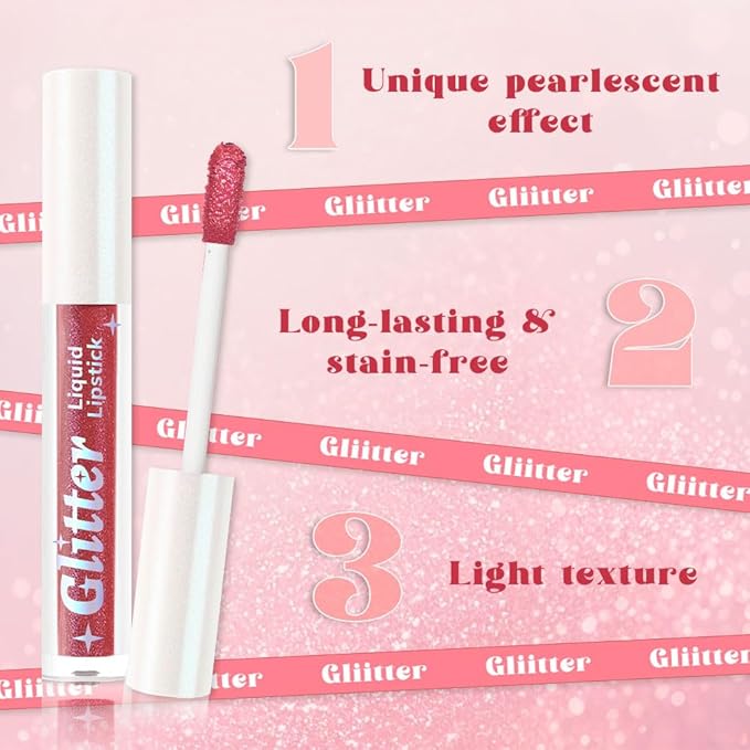 AMY'S DIARY Rose Pink Shimmer Liquid Lipstick, Shimmer Metallic Lip Gloss, Long-Lasting Waterproof Lip Color, High Shine Sparkle Makeup,Lip makeup for woman (Rose Pink 12#)