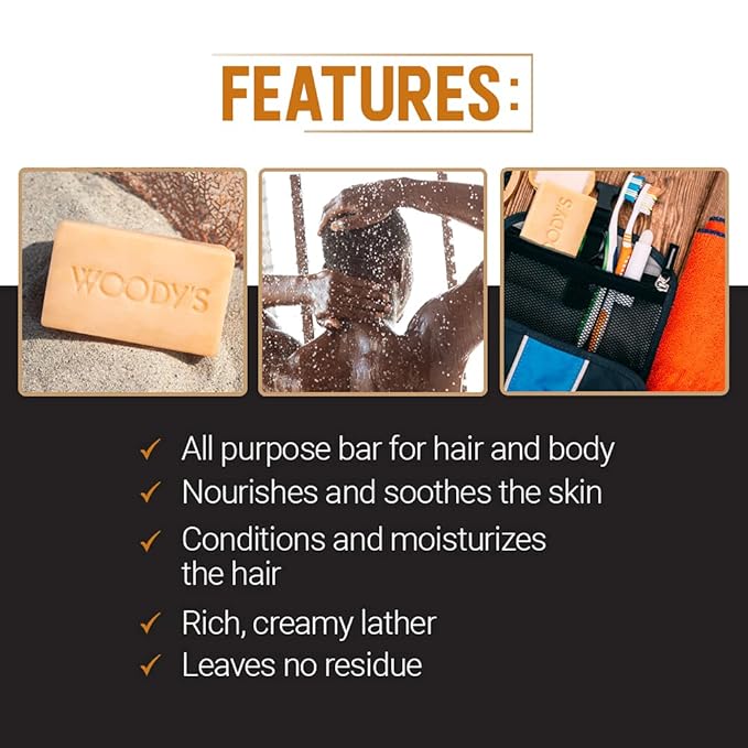 Woody's Men's 2-in-1 Hair & Body Shampoo Bar, Rich, Thick Lather Formula, Conditions, Nourishes, Moisturizes, for All Skin Types, 8 Oz