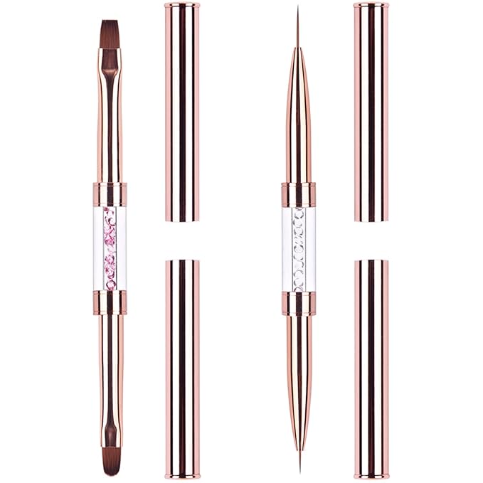 Ycyan 2Pcs Dual-ended UV Gel Nail Brush Set Rhinestone Handle Nail Art Design Brushes Professional Nail Tools Rose Gold