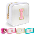 Mini Clear Personalized Initial Makeup Bag,Nylon Preppy A-Z Chenille Letter Patch Zipper Cosmetic Bag, Small Cute Beach Pouch Travel Purse Sanitary Napkin Storage Bag for Women Girls(White-Pink I)