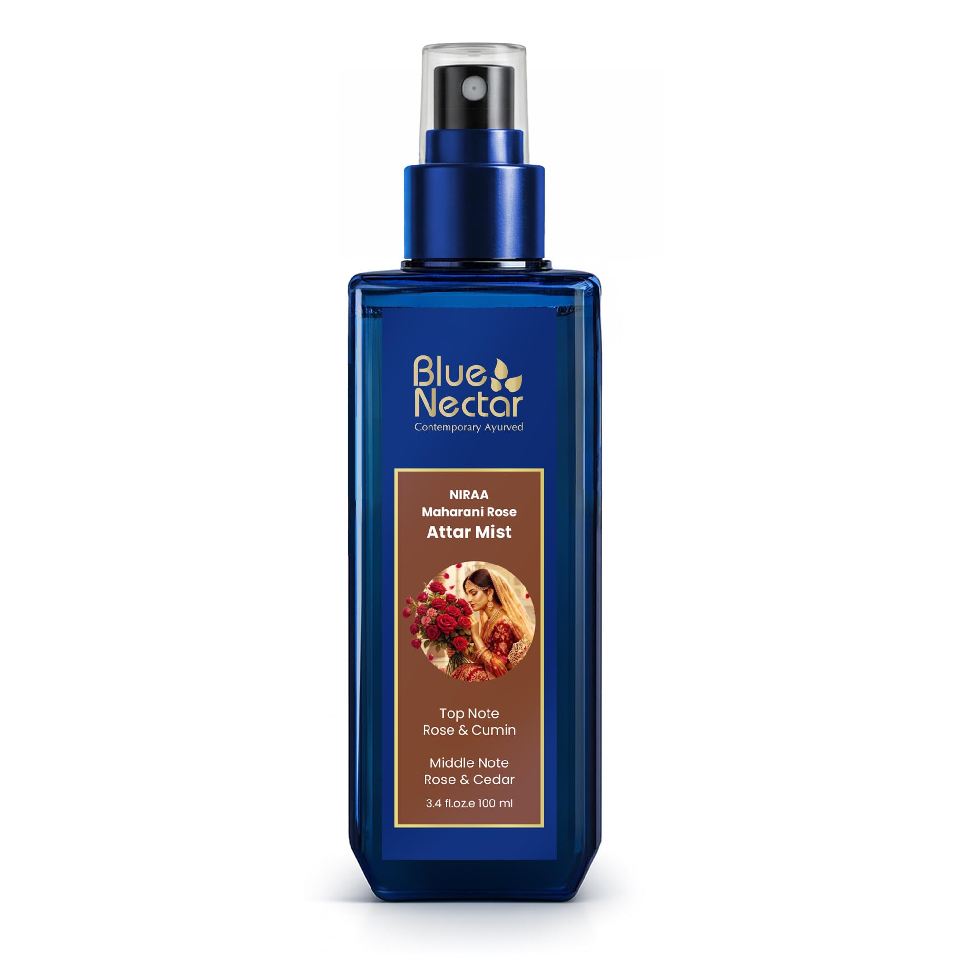 Blue Nectar Maharani Rose Attar Mist with Cumin & Sandalwood | Long-Lasting Perfume Mist for Women | Floral Essence | Travel-Friendly Body Mist Spray (3.38 Fl Oz)