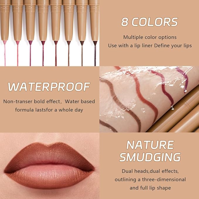 JUAAZIN 2Pcs Matte Lip Liner Pencil, Plump lip pencil liner Long-Lasting Creamy Formula, With Silicone Smudger for Define Contours & Sculpting Lip,Waterproof Non-Staining Crayon Lip Liners 05#+06#