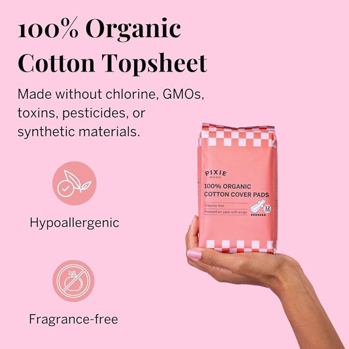 Pixie Organic Pads Ultra-Thin Extra Long Overnight Cotton Pads for Women – Maximum Absorbency with Wings – Leak-Proof, Hypoallergenic, Unscented, Postpartum – Compostable, Biodegradable – 12 Count