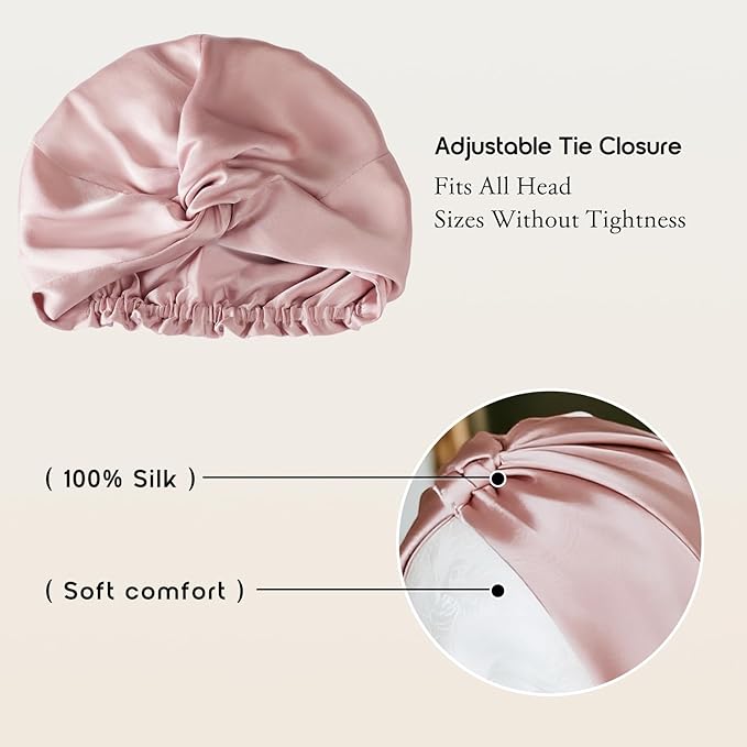 SYSERAN 100% Mulberry Silk Bonnet for Sleeping - Women Natural Curly Hair Night Cap Luxury Sleep Head Wrap with Elastic Band(Lotus Pink)