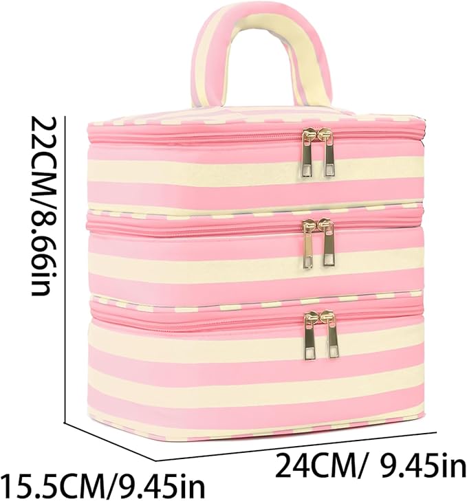 Apxouans Three Layer Makeup Bag for Women Fashion Stripes Cosmetic Bag Preppy Style Travel Water-Resistant Toiletry Bag for Storage Toiletries Cosmetics Sets for Women Teen Girls Pink