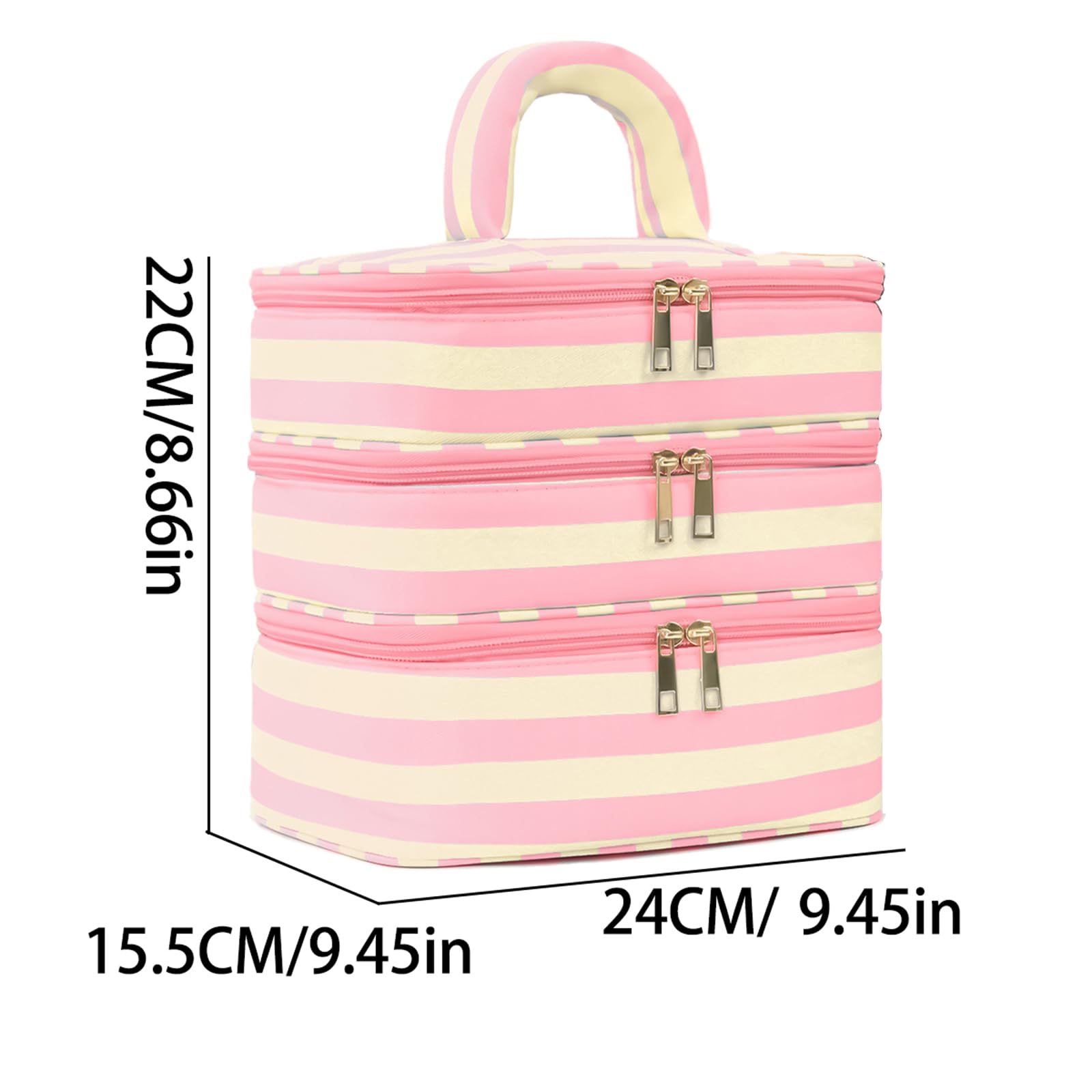 Apxouans Three Layer Makeup Bag for Women Fashion Stripes Cosmetic Bag Preppy Style Travel Water-Resistant Toiletry Bag for Storage Toiletries Cosmetics Sets for Women Teen Girls Pink