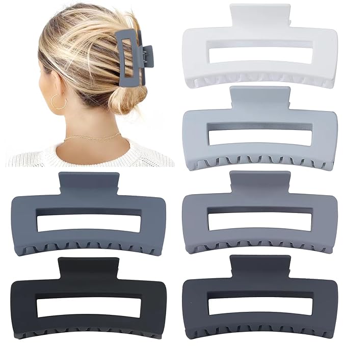 Sisiaipu 4 Inch Big Hair Claw Clips 6 Pcs Large Claw for Thick Hair Square Hair Clips for Women Rectangle Hair Clips Nonslip Acrylic Banana Jaw Clips Hair Accessories for Girls (Grey)