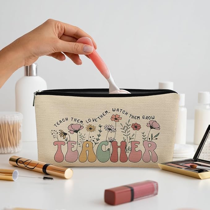BARPERY Teacher Bag,Gifts For teacher Survival Kit,Teacher Must Haves, Retro Wildflowers Canvas Makeup Bag,Cosmetic Bag Zipper Travel Toiletry Bag