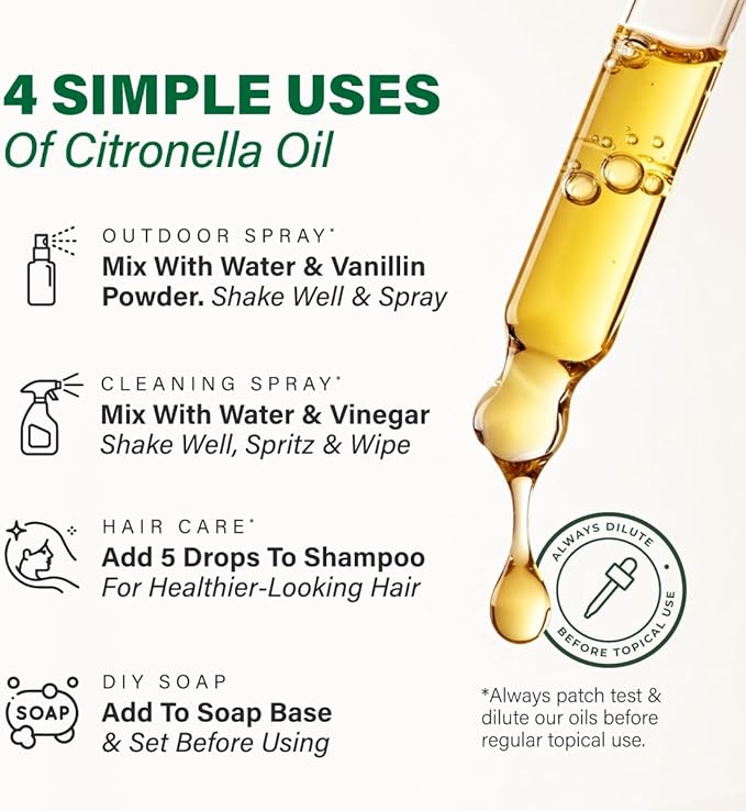 100% Pure Citronella Oil - 4 Fl Oz Citronella Essential Oil for Hair, Skin, Diffuser, Aromatherapy & DIY Soap Making Scent