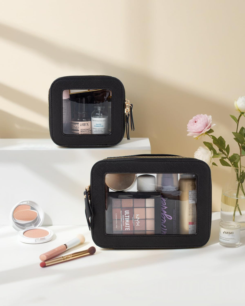 KOTORA Clear Sunscreen Makeup Bag Organizer Set,Portable Travel Toiletry Case for Women, Vegan Leather Cosmetic Pouch Beach Essentials Make Up Bag Organizer Storage Traveling (Black)