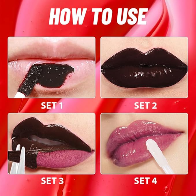JUAAZIN 2Pcs Liquid Lip Stain Peel Off Lip liner and Lip oil with Tweezer, Dual-Ended Peel Off Lip Stain Tattoo, Highly Pigmented Long Lasting Waterproof, Transfer-proof for All Skin Types, 03#+05#
