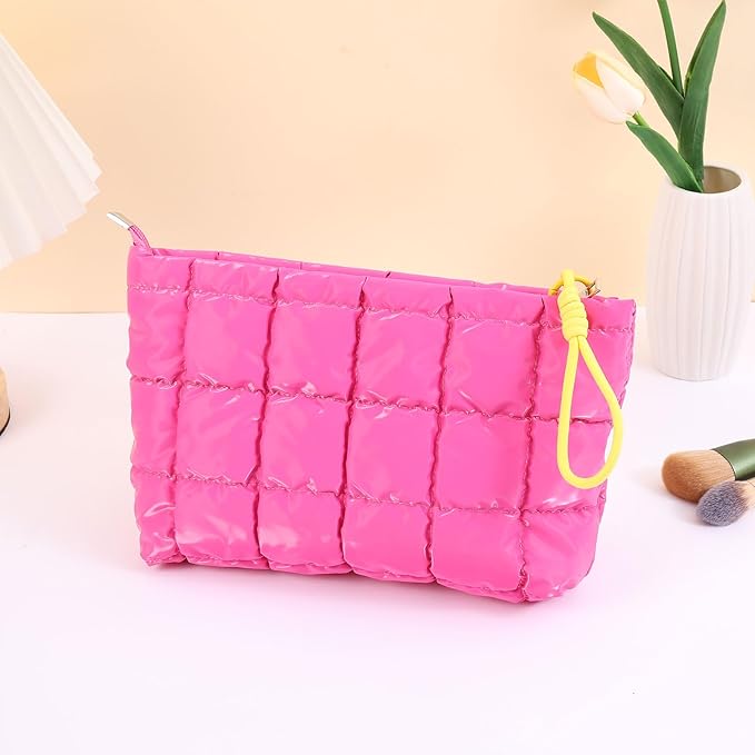 Beayuva Puffer Quilted Makeup Bag Travel Cosmetic Bag Portable Puffy Checkered Toiletry Pouch Skincare Organizer Purse Pencil Case (Hot Pink)